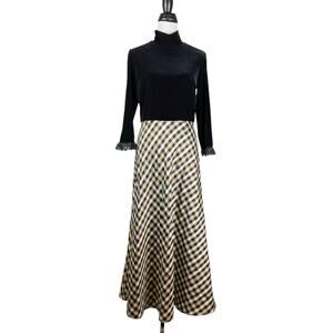 Suzi Chin Maggie Boutique Vintage Black Velvet Long Sleeve Plaid Maxi Dress